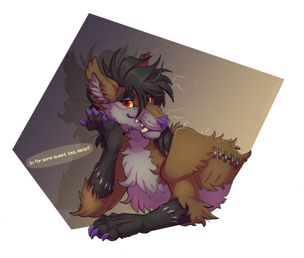 Halfbody art of Deuteronomy, a delightful and slightly raggedy looking taxidermy wolf character with a southern twang. She's old and looks a bit stitched together, with staples and stitches around her forearms, ears and back where her pelt has been repaired, and has loose strands of fur sticking out every which way. Her eyes are half lidded with a snaggle toothed smile as she leans on one paw, glancing toward the viewer and asking, 'In for some sweet tea, darlin'?'