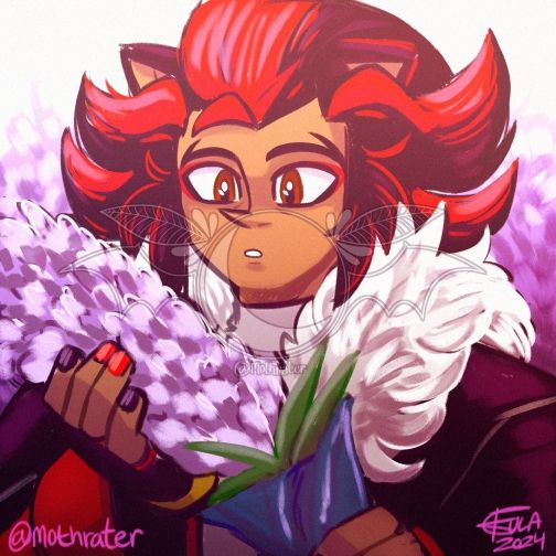 A gijinka version of Shadow the Hedgehog looking gently surprised by the bouquet of lavenders in his hands.