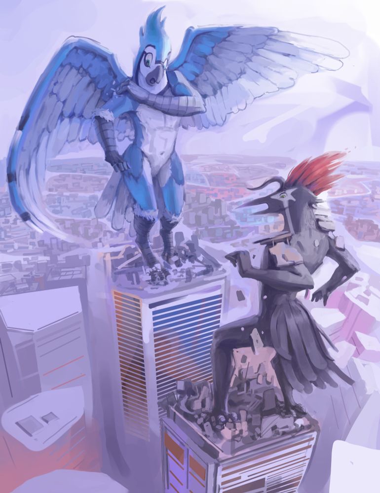 Wes, a blue jay, and Noir, a woodpecker, bursting out of penthouses as they rapidly outgrow their surroundings.
Rubble and debris slides off of their feathers.