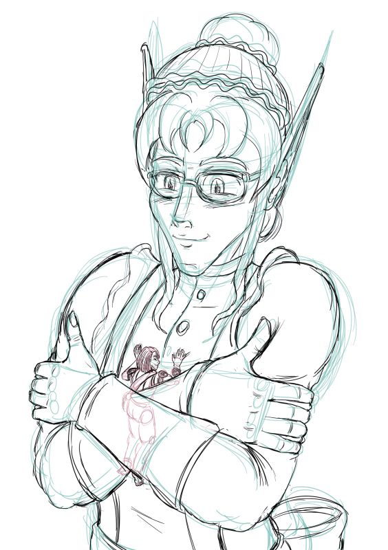 A rough sketch depicting Lenariel (an elf woman dressed as a maid) hugging Ellie (a borrower, a small person). Lena is feeling her girlfriend's body against her chest and is blushing. Ellie is pressing herself against Lena's chest, closing her eyes with a relaxed smile.