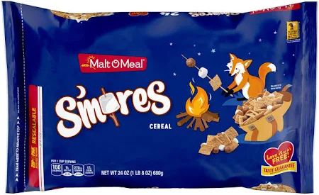 Pic of the packaging of Malt O meal's "S'mores" cereal. It's a blue bag with a cartoon fox making s'mores over a campfire. The cereal is cinnamon graham cracker squares, chocolate puffs, and marshmallows.