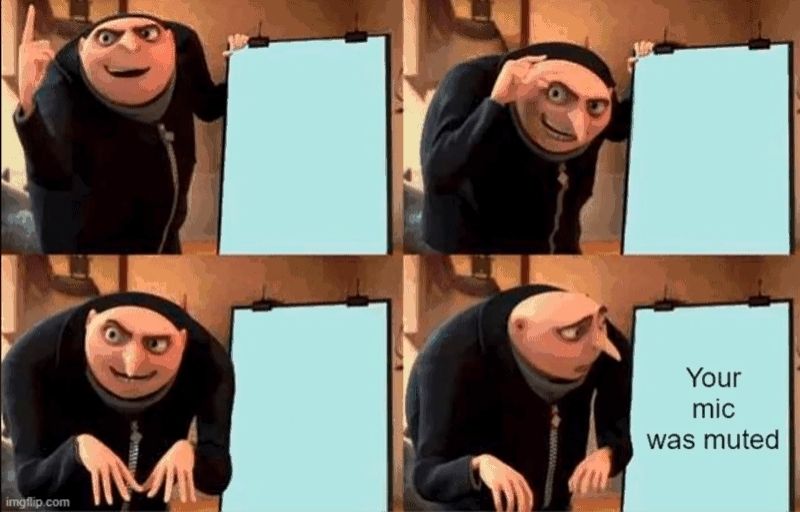 Meme with Gru from the movie Despicable Me. 4 frames of Gru talking next to a whiteboard, the first 3 frames show a blank whiteboard, the last says "your mic was muted" with Gru showing a distraught emotion