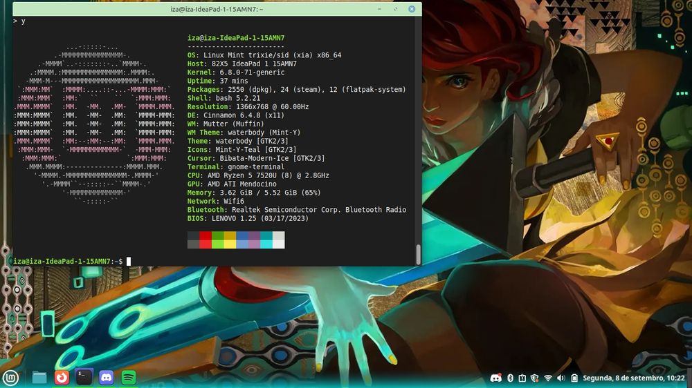Print do desktop da minha boneca de suporte emocional, Linux Mint Cinnamon, fetch com a bandeira demigirl, o mesmo wallpaper da Red de Transistor no fundo
