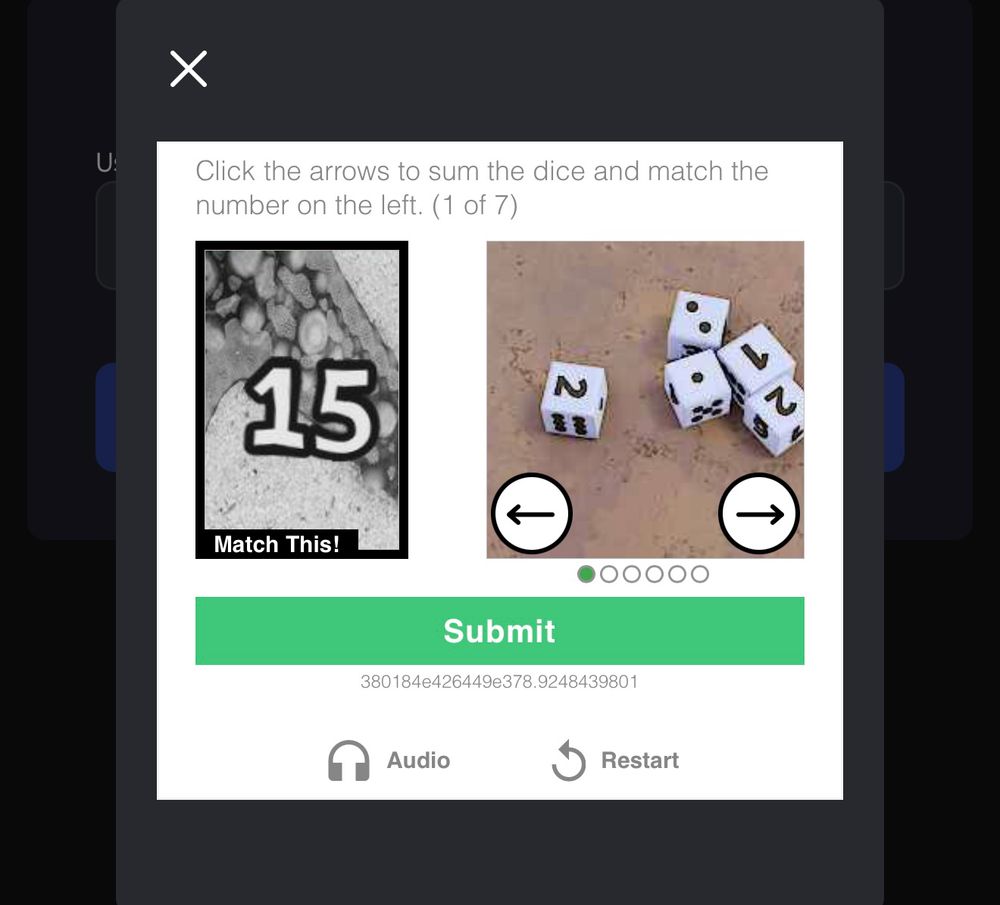 Captcha screenshot where you need to match the dice on the right side against a given number on the left side. 