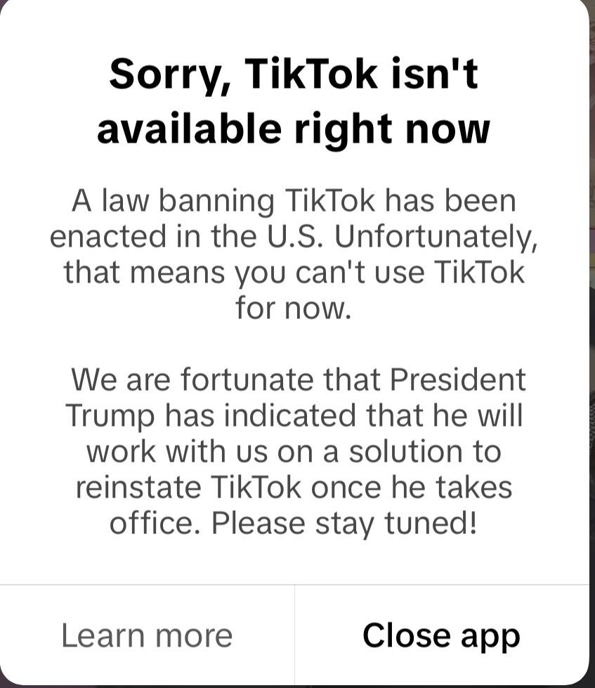 TikTok message showing that it’s no longer available in the US