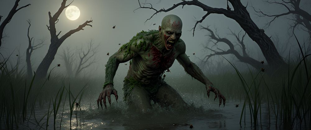 A swamp-drenched zombie clawing its way through the thick muck of a foggy marsh at twilight. Its bloated, greenish skin drips with algae and blood, and insects buzz around open wounds. Broken trees loom like skeletal fingers, and strange noises echo from the reeds. Moonlight glimmers faintly through thick mist, catching the glint of exposed bone. The camera angle is low and close, tracking the zombie's movements through chest-deep water as it thrashes and groans with primal hunger. A horror-themed color palette of sickly greens and cold grays dominates the scene.