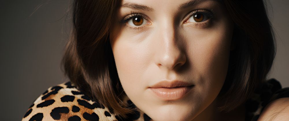 Julie Newmar, masterpiece, best quality, 1girl, brown hair, solo, breasts, short hair, brown eyes, full natural hanging breasts, tight, cleavage, tight pants, pants, curvy, animal print, professional fashion photography. 