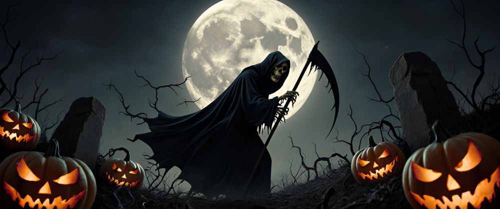 A skeletal reaper clawing through a moonlit pumpkin patch, leaving dead vines in its wake. Its scythe drags behind it, scratching against stone. Pumpkins around it rot instantly, oozing black ichor. The moon hangs unnaturally large in the sky, illuminating the scene in ghostly light. The reaper’s robe flutters as if underwater. The camera is fixed in a wide angle, allowing the movement of both creature and environment to tell the story. Muted oranges and deep blacks dominate the color scheme.