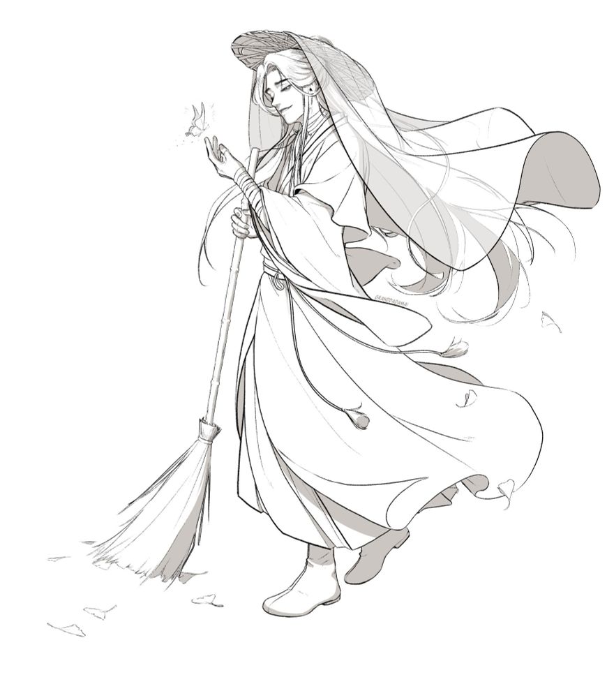 Xie lian from tgcf holding a broom to sweep leaves on the ground. Windswept clothes and hair with hua cheng's butterfly flying toward him.