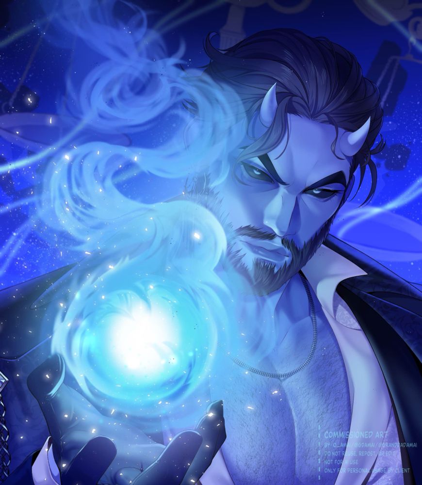 Blue monochromatic coloring of handsome bearded demon judge holding a soul orb
