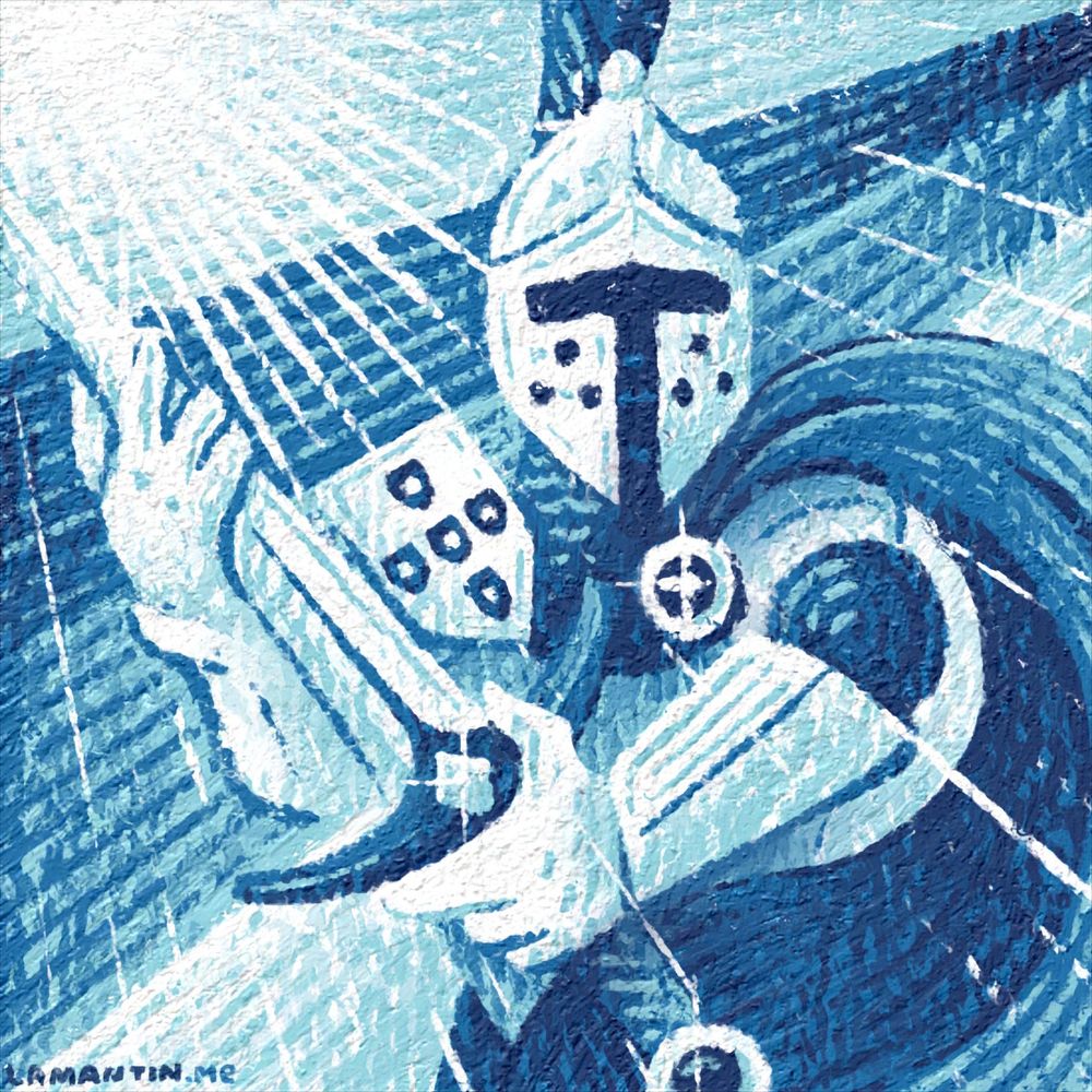 This piece presents a blue caped knight in his white shining armour, yielding his sword while sun rays brighten up the whole piece. It's finished with an oil painting texture;