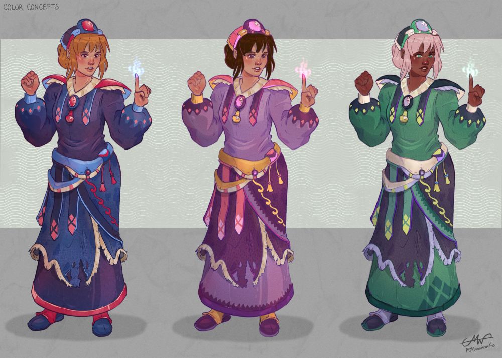 Woman in a cleric-type out fit repeated three times. Each version is a different color scheme. The first is blue robe with pink and red accents. The second is lilac robe with pink and yellow accents. The third is a green robe with pale purple and lime green accents.