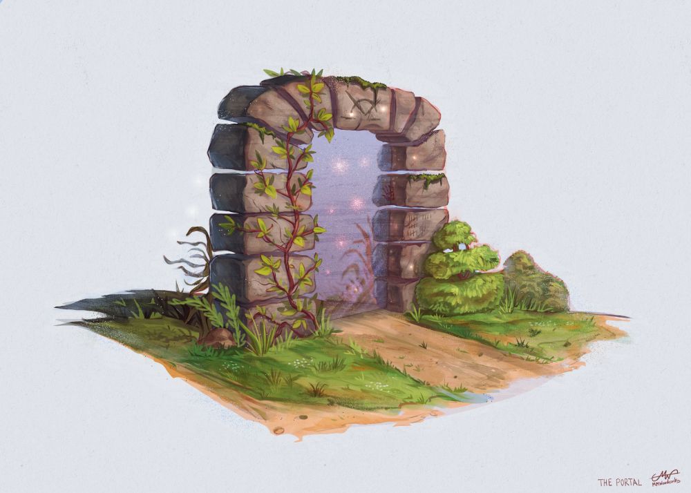Simple concept of a stone brick portal surrounded by green plants with a leafy vine growing up on one side with a purple, sparkly sheen over the entrance to the portal. 