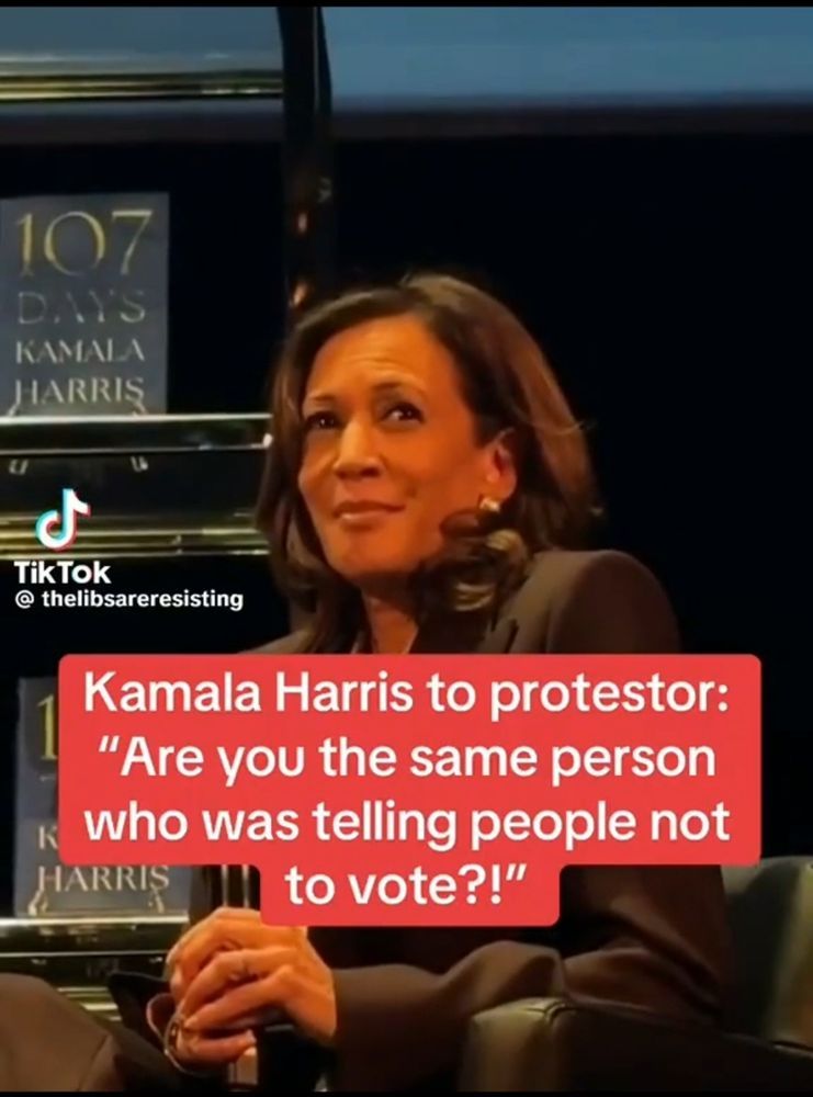 Kamala Harris to protestor: "Are you the same person who was telling people not to vote?" with an eloquently "yeah, right" look on her face. Screenshot from TikTok account thelibsareresisting.