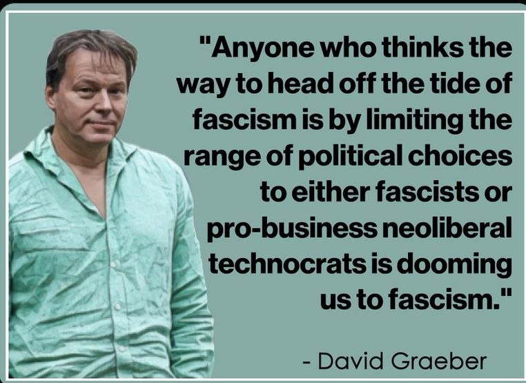 A quote from David Graeber who has been proved right so many tomes on so many things. He is wearing a crumpled green shirt with messy bro3wn hair. RIP x