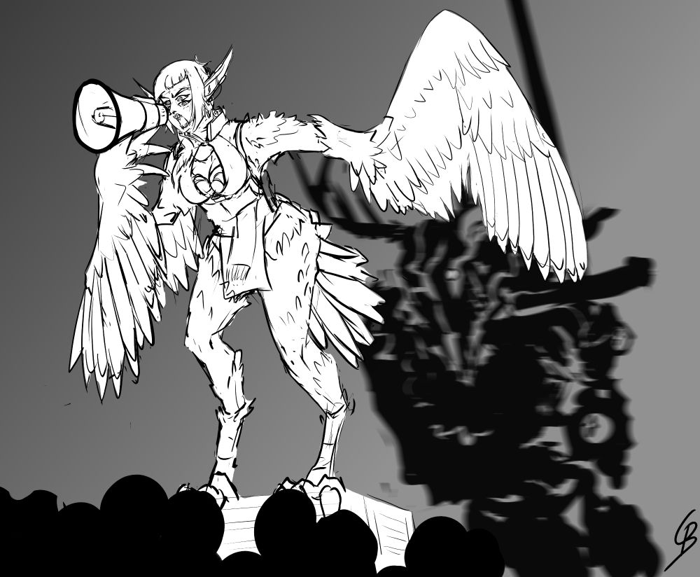 Black and White Sketch of Shinybones on a soapbox speaking into a megaphone to an audience. Behind her GBroatic can be seen blurring in, zweihander in hands.
