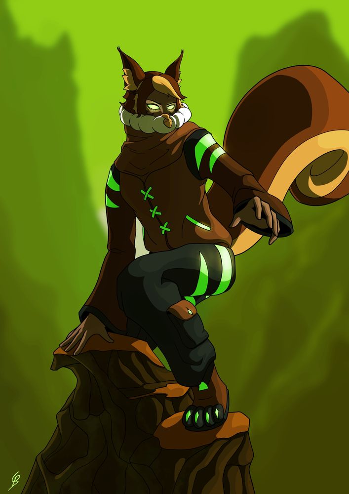 Shaded High Resolution Illustration of Ricky's model posed as the promotional poster of Legacy of Kain: Soul Reaver. The model is positioned on a lone rock with glowing eyes and parts on the clothing. In the background a green hued mountain range is visible.