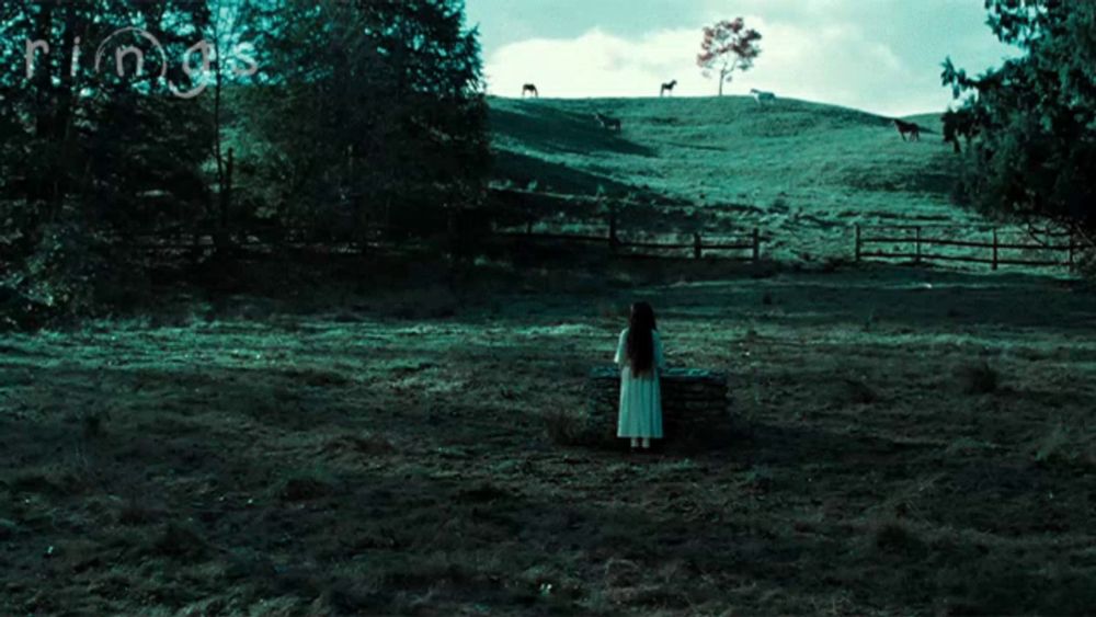 a girl in a white dress is standing in a field with the word rings on the bottom left