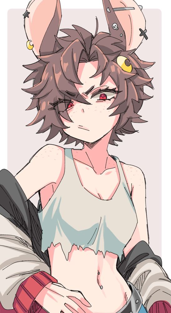 A simple half body illustration of my original character, Hirou. She has messy brown hair and large ears similar to a rat's, adorned with various piercings. She has pale skin and red eyes, which are giving a fierce glare. Her red and white jacket is hanging off of her arms, with a torn tank top covering her torso. Her midriff displays multiple navel piercings. This art was drawn by "100hituzi" on Twitter
