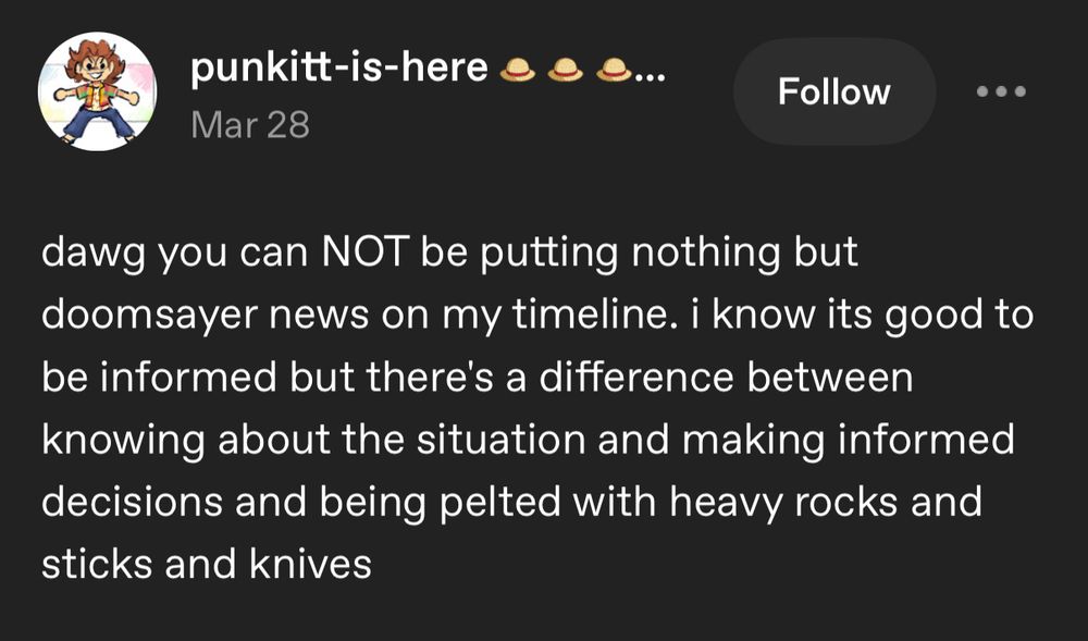A Tumblr screenshot by punkitt-is-here on Mar 28, 2025 that says

dawg you can NOT be putting nothing but doomsayer news on my timeline. i know its good to be informed but there's a difference between knowing about the situation and making informed decisions and being pelted with heavy rocks and sticks and knives