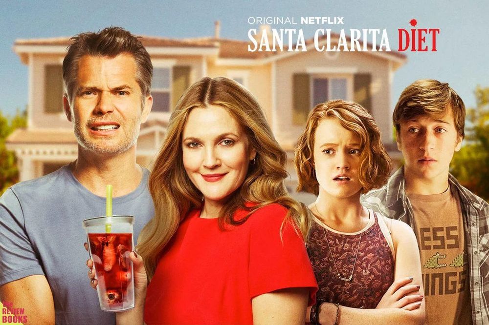 A promo image for Netflix’s Santa Clarita Diet highlighting Drew Barrymore drinking a smoothie with human parts with her husband grimacing