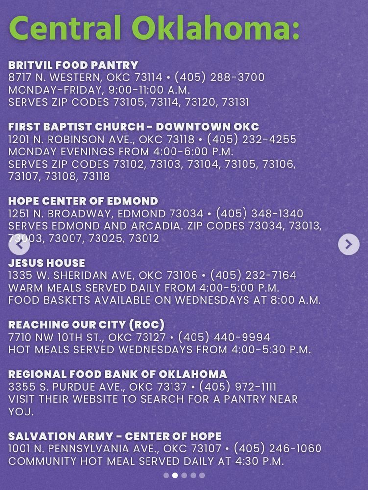list of Central OK and Tulsa area food pantries with hours and zip codes they serve 

https://www.instagram.com/p/DQe6e5JEq0z/
