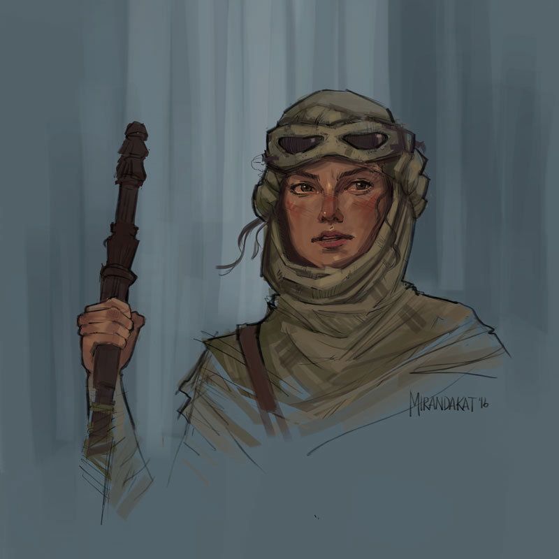 Digital sketch of Rey from Star Wars.