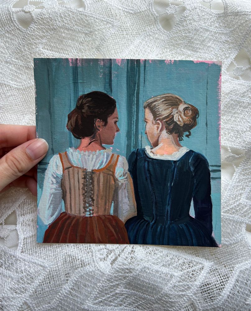 Gouache screencap study of Portrait of a Lady on Fire. Two characters seen from the back, facing each other.