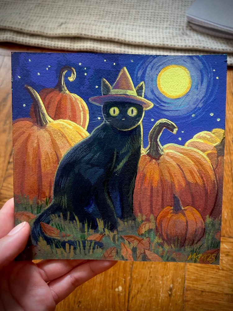 Illustration of a black cat wearing a witch cat, sitting amidst pumpkins on a full moon night.