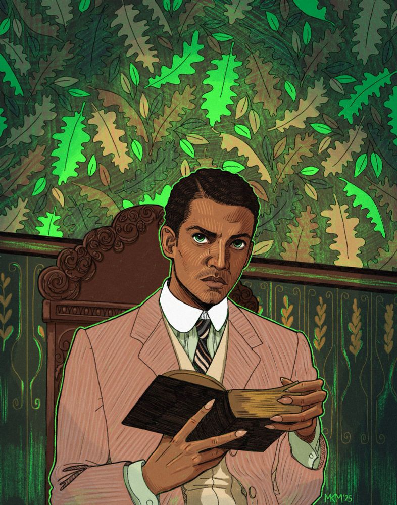 Digital illustration of Louis from the tv series Interview with the Vampire. Louis is sitting in a chair holding an open book. Green floral 
wallpaper background.
