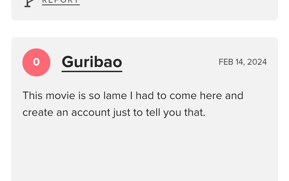 Captura de pantalla de l'usuari Guribao a on diu en anglès: aquesta pel·lícula és tan aburrida que m'he hagut de crear un compte només més dir-vos-ho.