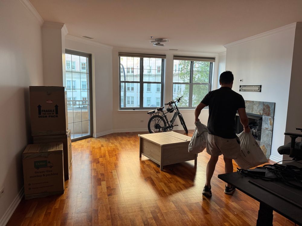 Human doggo Maxx bringing in loads of stuff into a room with beautiful wooden floor lit up by natural light 