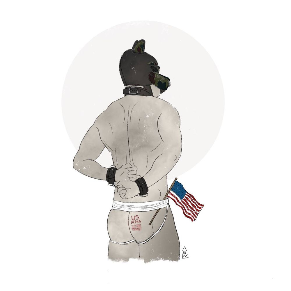A minimalist sketch of the back of a hooded human dog who is collared with a thick black collar, with shackled hands behind the back over a white jockstrap. A US Stars and Stripes flag is tucked in the jock. 