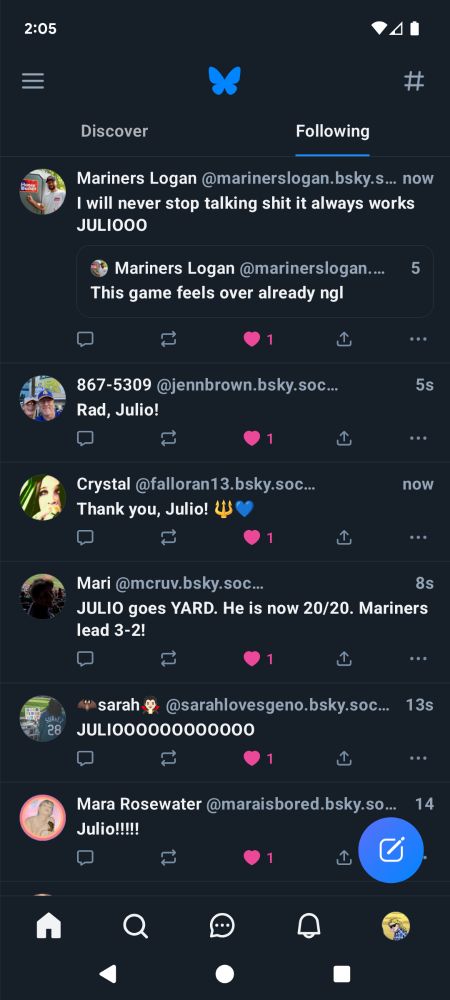 Screenshot of Bluesky timeline celebrating a Julio Rodriguez home run. 
