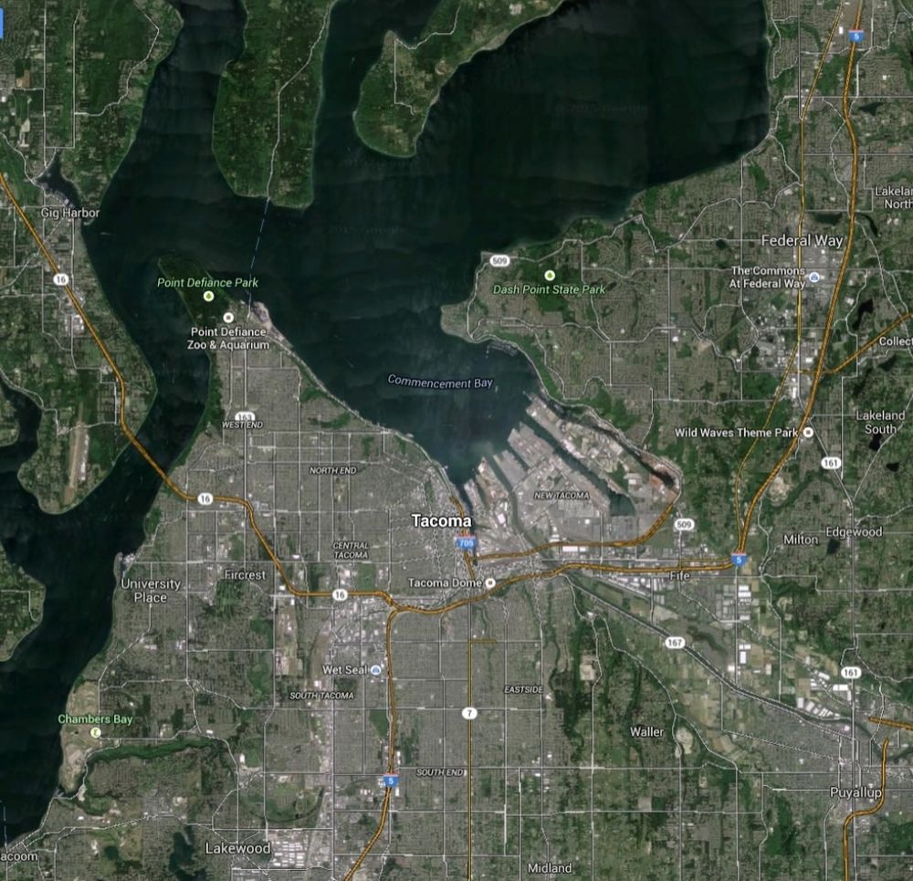 Satellite view map of Greater Tacoma Area