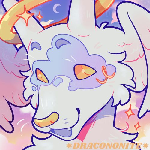 Digital art icon of an anthro angel ferret character looking to the side with a small open-mouthed smile. They are an off-white with light blue and purple cloud markings over their yellow and orange eyes, a sparkling golden halo floats around their horns, and they have feathered head-wings. The background is a pastel sunset sky with wispy clouds, faint stars and a crescent moon.