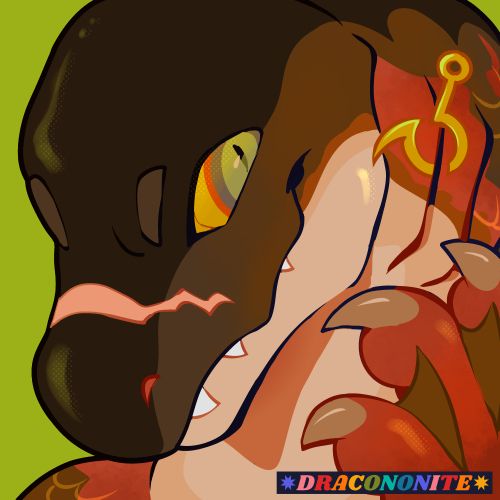 Icon of an anthro fish character smirking and holding up their webbed claws. They have multicolor eyes, a scar across their nose, and a gold fishhook piercing in one of their gills. Colors are browns, creams, reds and golds, with green accents.