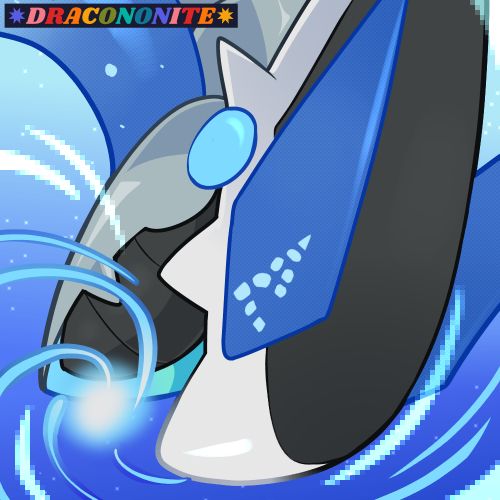 Icon of a future paradox form Lugia character, mid-attack as it gathers a pixel power beam in its open mouth. It has robotic features including screen eye spikes and belly, a metallic jaw, and pixel eyes. Background is a glittery gradient. Colors are white, grey, black, dark blue, and light blue.