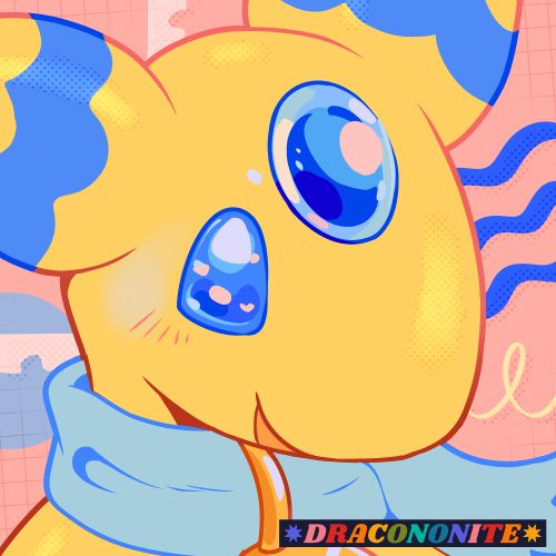 Icon of an Ampharos character smiling happily. They have glittery eyes and a glittery forehead orb, flower-like ear stripes, and are wearing a scarf with a bell. The background is various patterns like a stamp, waves, grids and loop-de-loops. Colors are light yellow, vivid blues, and light pinks.