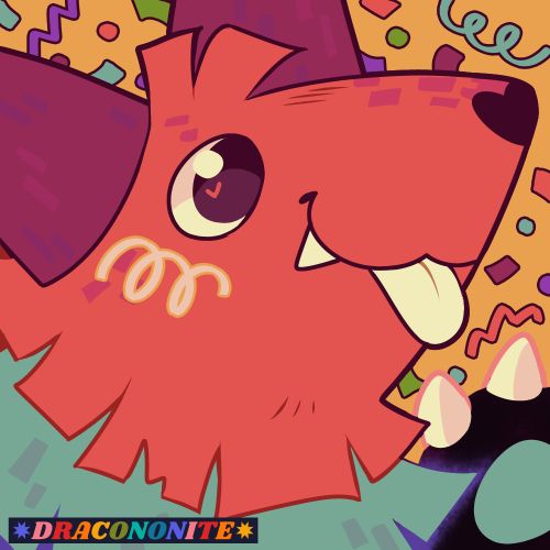 Icon of a pinata dog character smiling happily and sticking its tongue out. They have a heart-shaped nose, fang, party hat ears, and clawed paws, and have multicolor square textures. The background is multicolor confetti. Colors are orange, yellow, wine, and teal, with multicolor accents.