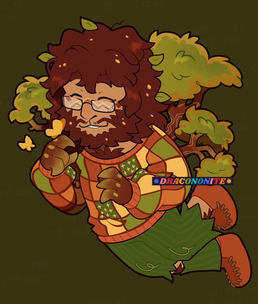 Digital art chibi of a light-skinned humanoid character smiling gently down at a butterfly that’s landed on his hand. He has fluffy hair with leaves in it and a beard, trees growing out of his back, and bark clawed hands. He’s wearing rectangular glasses, a patchwork sweater, worn pinstripe pants, and moccasins. Colors are reddish browns, greens, pale yellows.