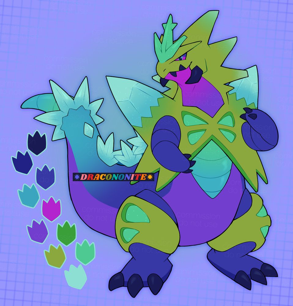 Artwork of a Tyranitar character design. It is inspired by Space Godzilla, with giant glittering shoulder crystals and a crystal crown, three crystal spikes down the back, and crystal spikes around the end of the tail. A color palette shaped like dino footprints is to the side. Colors are vivid and cool tones, including greens, teals, purples, pinks, and blues.