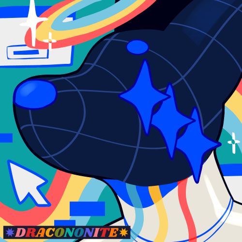 Icon of a digital canine anthro character. Their eyes are multiplied four-pointed stars and they have wires in their neck and a sparkling halo above their head. The background has computer windows, a mouse cursor, pixels, and a rainbow ribbon. Colors are vivid blues, teals, and retro primaries.