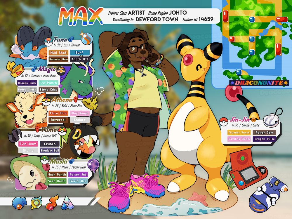 Digital art of an anthro canine character and their Pokemon team. They're posing with their main partner, an Ampharos named Jin-Jin, on a tropical beach. The rest of their team is shown on the side with icons and summaries, they are a Swampert, shiny Dragonite, Arcanine, Farigiraf, and Breloom. A cropped map of Hoenn, four Hoenn badges, and a Pokedex and Pokegear, are shown in the corners.
