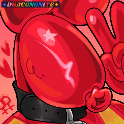 Icon of an anthro balloon dog character holding up a peace sign. They are wearing a leather collar and tank top, and have a star-shaped highlight and blush marking. The background has hearts and a double venus. Colors are reds, pinks, yellow and black.