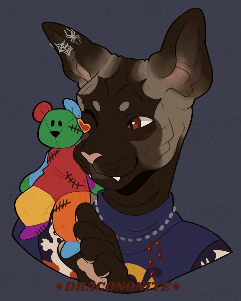 A bust of an anthro sphynx cat character, holding a beanie baby teddy bear on his shoulder and smushing it against his face with a smile. The character is wearing a Halloween-themed turtleneck sweater, and silver jewelry themed around spiders and blood droplets. The teddy bear is multi-colored and has random stitch-lines.
