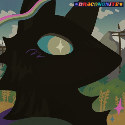Icon of a wolf-like anthro character in a lineless art style, in profile view in front of scenery of mountains, forest, hills and wheat fields, with powerlines in the distance. The character has no defining features except for a spiky mane and a multicolor eye with a four-pointed star pupil. Colors are dark brown and natural greens, teals, golds and greys.