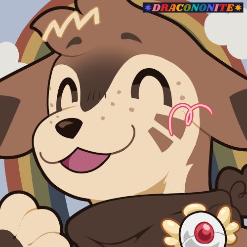 Icon of an anthro Furret Pokemon character smiling with their eyes closed happily and one paw held up in frame. They are wearing a bandana with an explorer badge. The background is a rainbow with clouds. Colors are cream, browns, and retro rainbow.