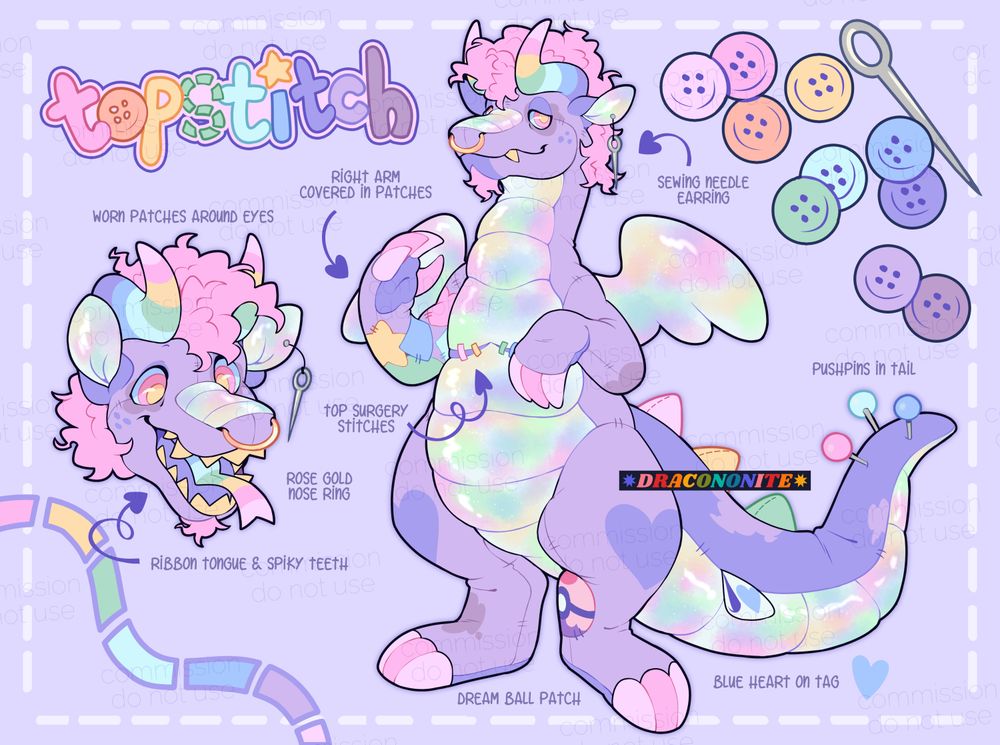 Reference sheet of an anthro plush dragon character. There is a fullbody and a headshot, a color palette of buttons and a sewing needle, and stitch decorations on the sheet. The character is a purple dragon with holographic tummy and angel wings, rainbow horns, textured pink mullet-length hair, and various patches and plush details including stitched top surgery scars, a sewing needle earring, pushpins in the end of his tail, and a tag on his tail. His name is Topstitch.