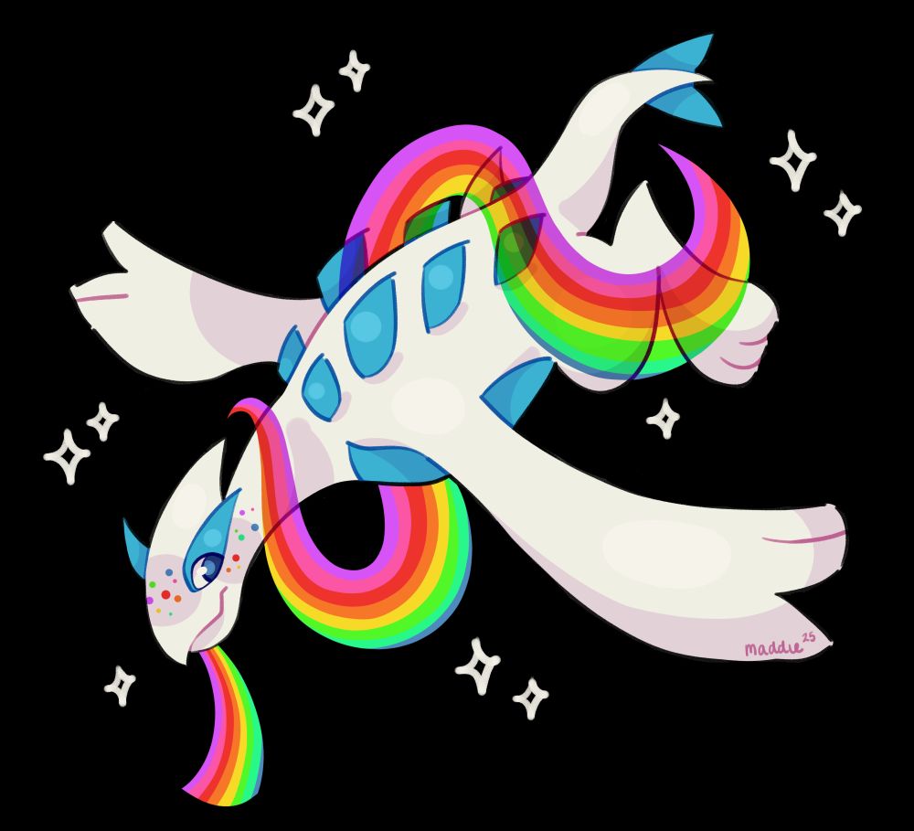 Fullbody art of a Lugia character gliding with a rainbow ribbon swirling around them and surrounded by sparkles. They have rainbow freckles. Colors are white, light teal, and rainbow.